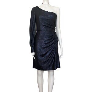 Nightway Navy One Sleeve Metallic Cocktail Dress. S/M 8. Asymmetrical Glam Rock